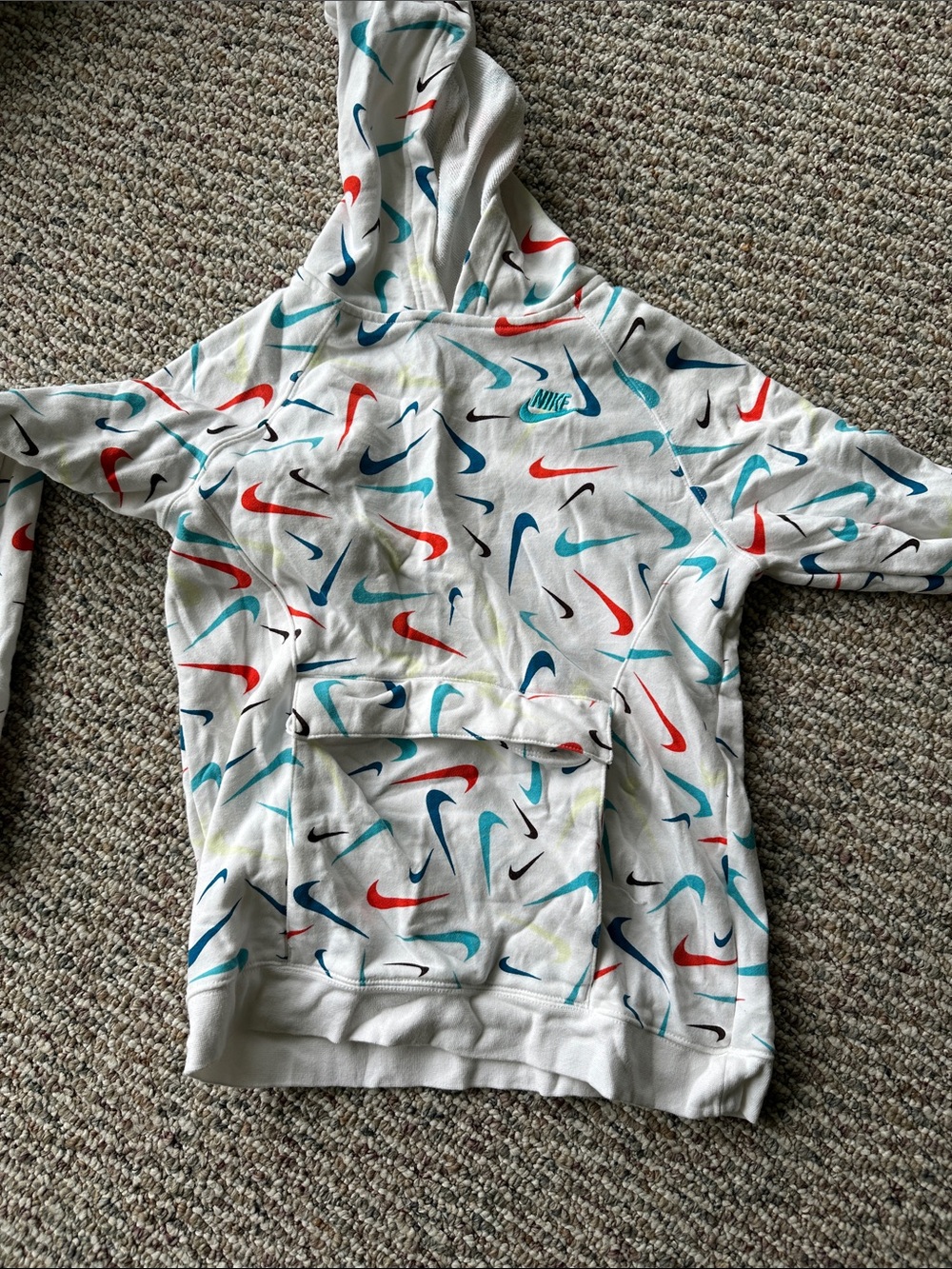 Nike White Hoodie with Red, Teal, Navy & Lime Swoosh Pattern